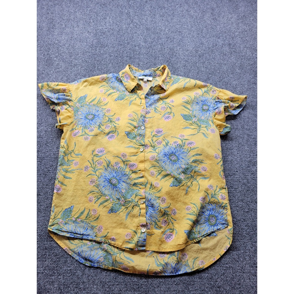 Madwell Yellow Floral Ruffle Sleeve Cotton Button Down Shirt J1131 Small